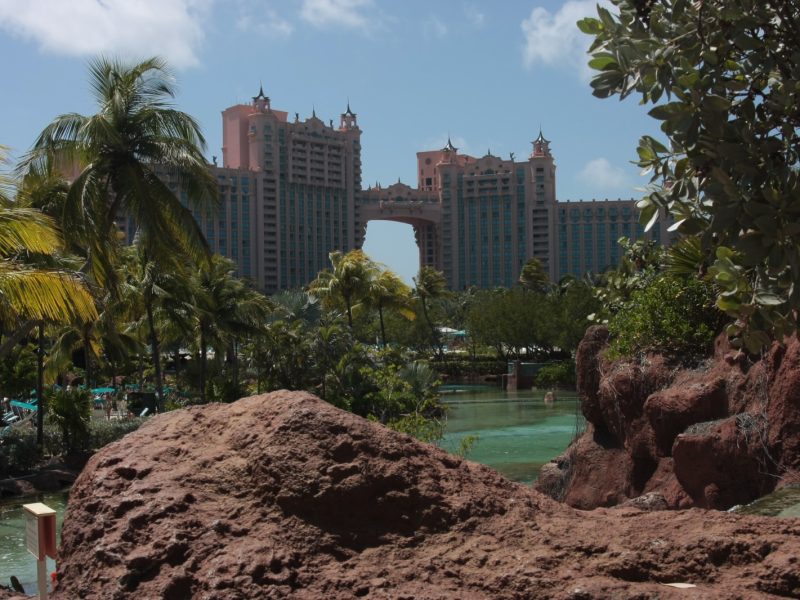 Atlantis Paradise Island resort towers seen through palm trees and rocky landscaping surrounding a lagoon pool