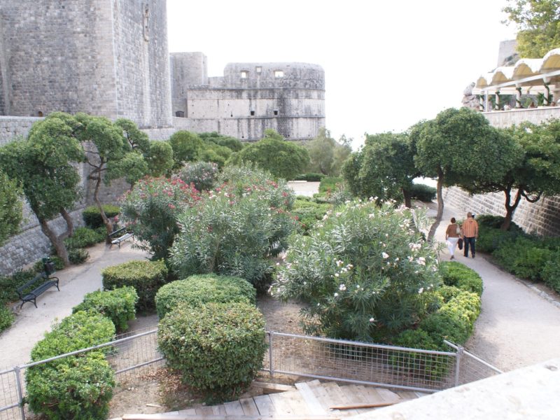 Manicured garden with trimmed hedges and trees inside Dubrovnik's fortress walls