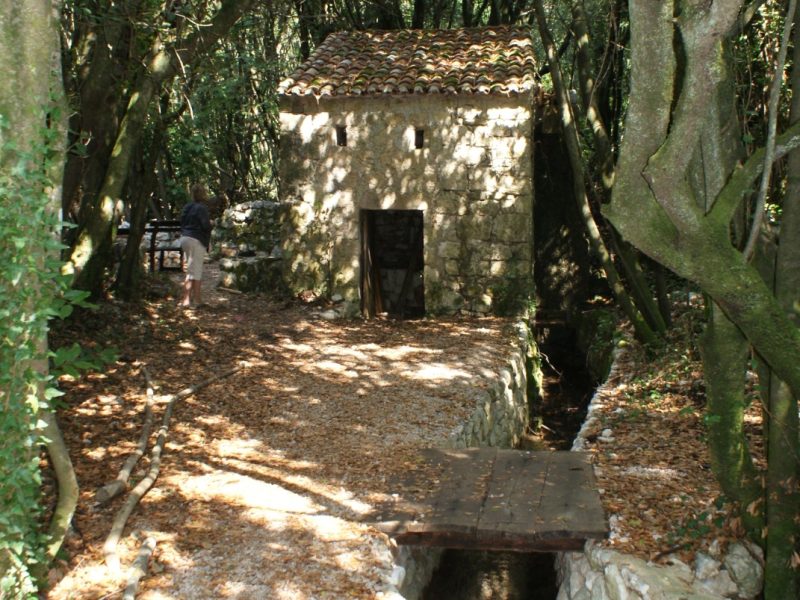 Traditional stone watermill building tucked among trees, with visitors gathered outside
